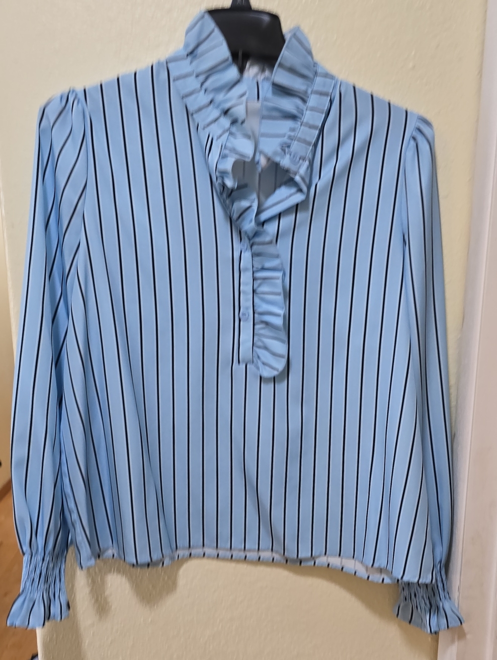 Light Blue Striped Ruffle Neck Blouse - Women